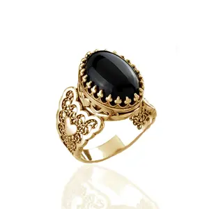 Double Heart Detailed Black Onyx Gemstone Filigree Art Gold Plated Sterling Silver Women Statement Ring