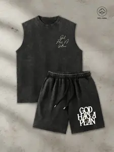 2-Piece Unisex Denim Vest and Shorts Set, Vintage Washed with “God Has A Plan” & Bible Verse Print, otton for Church Youth Group and Casual Streetwear