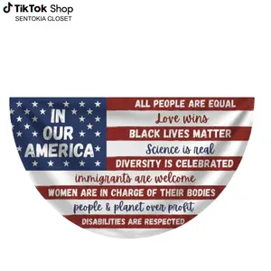 Semi-Circular Banner, In Our America Inclusive Patriotic Half Circle Vinyl Bunting Flag, Equality Welcome Porch Fence Outdoor Decor, Red White Blue Home Decoration, We provide 2 grommet holes for this product.