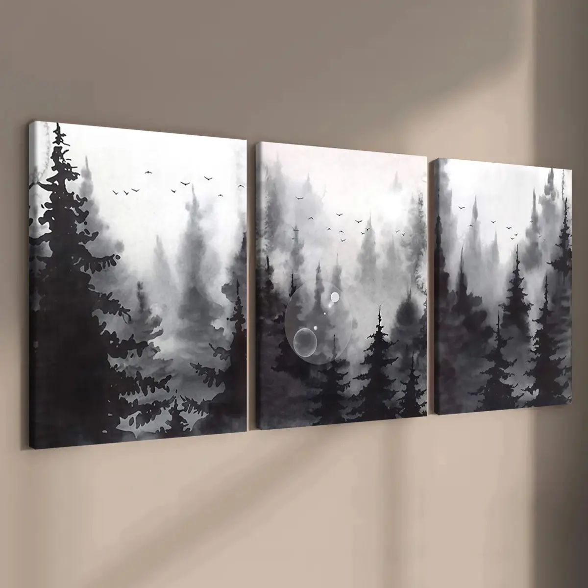 3-Piece Wood Frame Canvas Art Poster Set, Ink Mountain Forest Mist Landscape, Modern Home Decor, Waterproof High-Definition Print