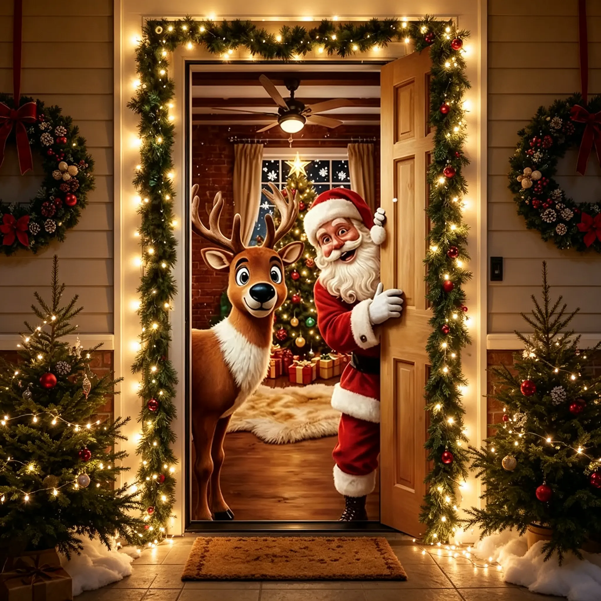 Christmas Door Cover, Funny Christmas Decorations,Stretch Fit Santa & Reindeer Door Decoration with 4-Side Elastic Edges for door Front Winter Holiday Xmas Party Decor