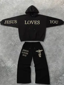 Men's Street Style Knit Hoodie & Pants Set, Letter Print Vintage Sports Slogan, Casual Fitted for Fall Winter, Matching Clothing Set