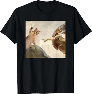 Funny Cat God Creation of Adam meme Jesus T-Shirt Pure Cotton Graphic Tees: Unisex Gifts for Men Fitness Menswear