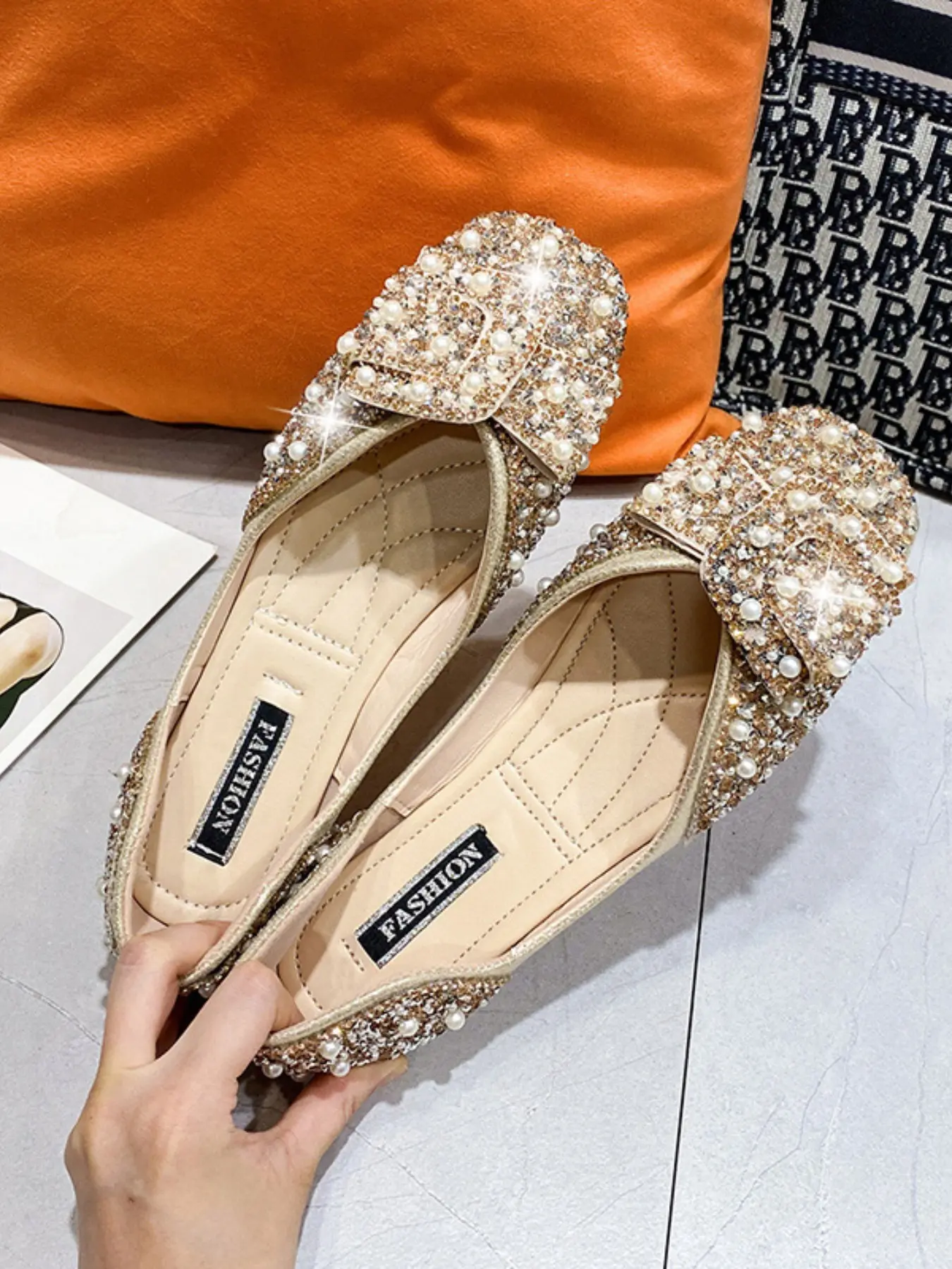 Shiny Rhinestone Pearl Square Toe Flat Shoes, Bowknot Luxury Multicolor Women's Footwear, Fashionable Dress Shoes Decor for All Seasons