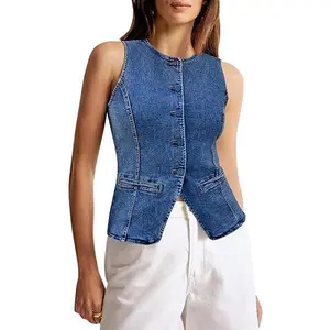 Tankaneo Womens Button Down Denim Vest Tops Sleeveless Fitted Jean Tank Tops Summer Trendy Casual Waistcoat