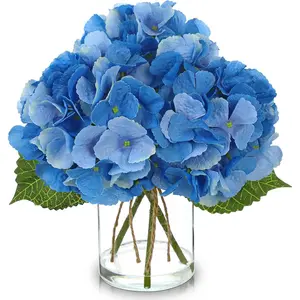 DILATATA Hydrangea Artificial Flowers with Glass Vase, Blue Real Touch Silk Hydrangea Arrangement with Faux Water, Small Faux Floral Centerpiece for Home Decor, Wedding, Bathroom, Shelf