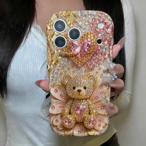 Phone Case - A Diamond Bear Printed Phone Case, Featuring a 2D Flat Design with Creamy Lace Edges, a Thick Shockproof Case That Exudes a Sense of Luxury, Compatible with Iphone 17 Pro Max, Iphone 16, 15, 14, 13, 12, 11/13 Plus Pro Max