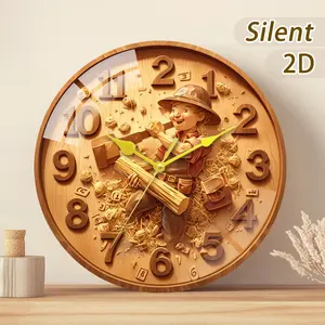Large Wooden Wall Clock with Cartoon Character, Battery Operated, Modern Style, Round Shape, Home Decor, Gift Choice