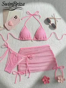 Briza｜Hot Pink Textured Halter Bikini Three-Piece Set, Women's, Tie Side Triangle Bottoms + Mesh Cover-Up, Vacation Photoshoot, Pool Party