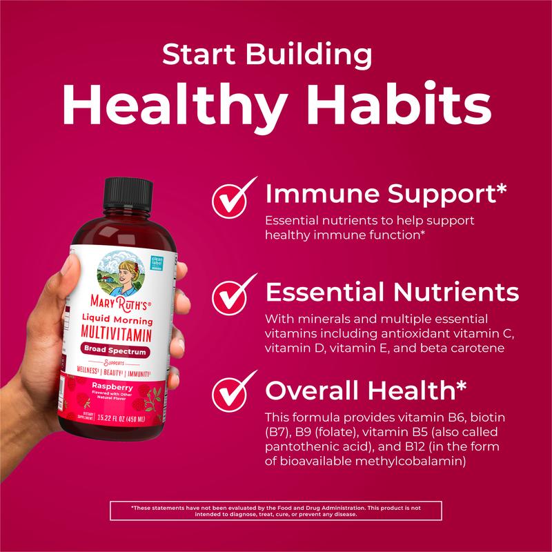 MaryRuth's Liquid Morning Multivitamin - B Complex Vitamins - Vitamins A, C, D, E -  Zinc - Beauty - Vegan - Sugar Free - 15.22 Fl Oz