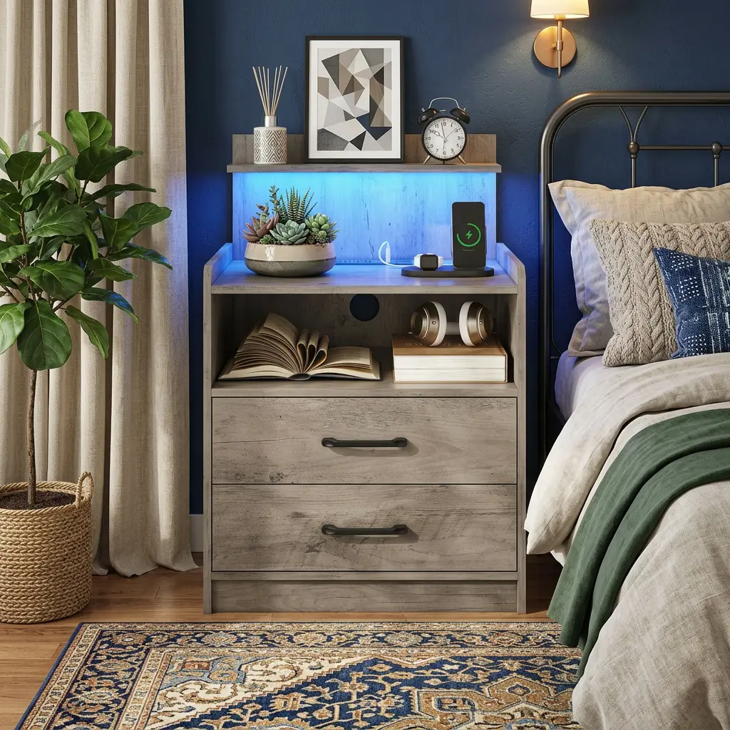 Modern LED Nightstand – Contemporary, Drawer-Equipped, Dual-Use, Flat-Top Bedside Table with 2 Drawers, Open Storage, Charging Station, USB Ports, AC Outlets for Bedroom, Living Room, Contemporary Bedside Tables, Drawer-Equipped Bedside Tables