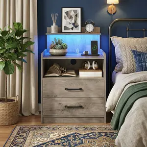 LED Nightstand With Charging Station, 2 Drawers & Open Storage, Bedside Table With LED Lights, Modern End Table With USB Ports & AC Outlets For Bedroom Living Room