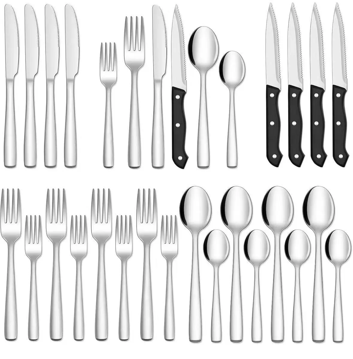 24-Piece Silver Flatware Set with Steak Knives for 4 Dishwasher Safe Tableware for Home Restaurants Hotels Weddings