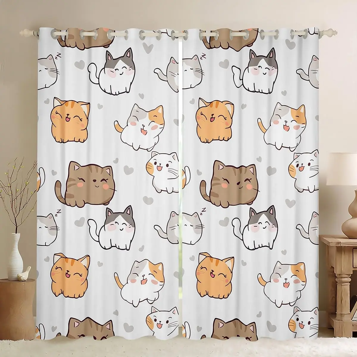 Cute Kitten Curtains & Drapes Kawaii Cat Curtain,Lovely Pet Blackout Curtains Gray Love Print Living Room Treatments,Animal Themed Window Drapes Room Decor