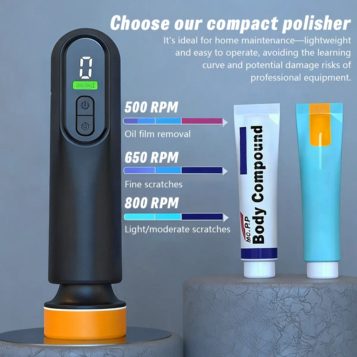 Cordless Mini Car Polisher Buffer, 40W Rechargeable 3-Speed Handheld Polishing Machine with Digital Display, Type-C Charging Auto Detailing Tool for Car Paint, Glass & Light Scratch Care