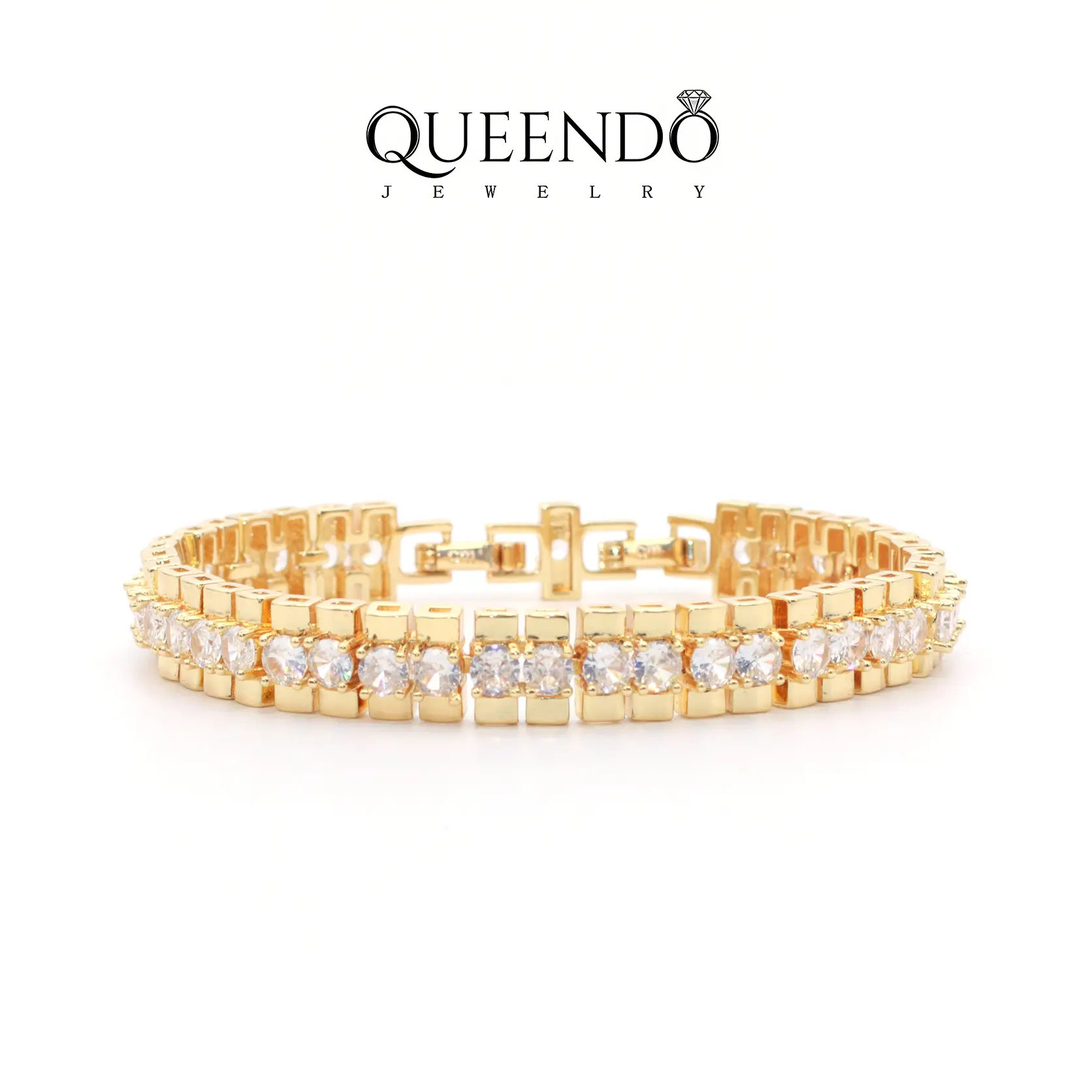 Elegant Single Row Copper Link Bracelet, Luxe Gold Tone Tennis Bracelet with Adjustable Clasp for Women, Evening Party Jewelry, Bright Reflective Texture