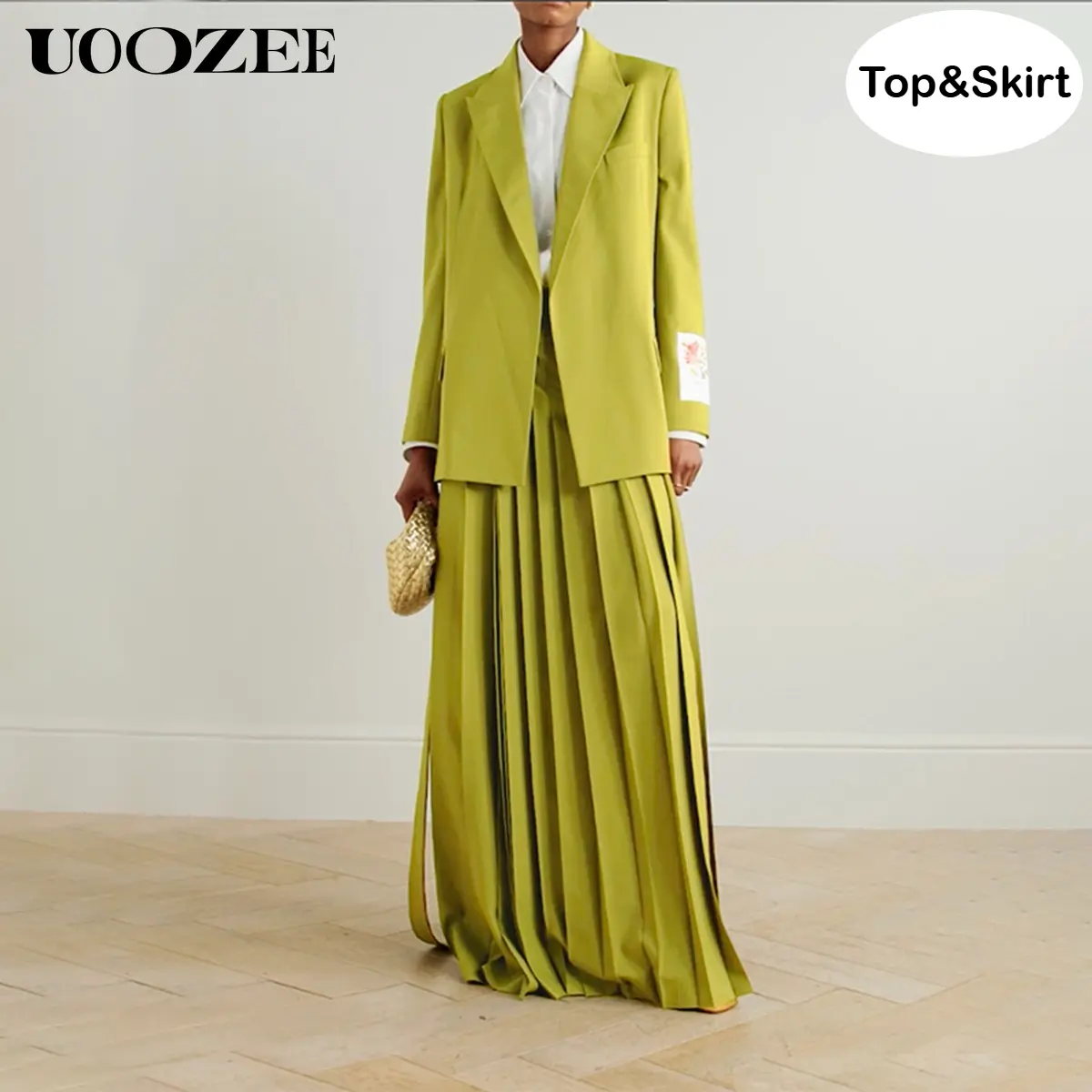 UOOZEE Women's 2-Piece Long-Sleeve Minimalist Lady Suit Set - Soft Polyester-Spandex Woven Turtleneck Blazer, Side-Opening Pleated Wide-Waist Hip Half-Length Skirt with Pockets, Casual Cocktail Wear for Spring-Autumn (Accessories Compatible)