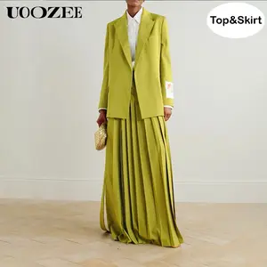 UOOZEE Women's Spring Autumn Winter New Style Fashion Green Women's Suit Sets, 2 Pieces: Loose Comfortable Luxury Style Blazer & Side Opening Pleated Wide Waist and Loose Half-Length skirt