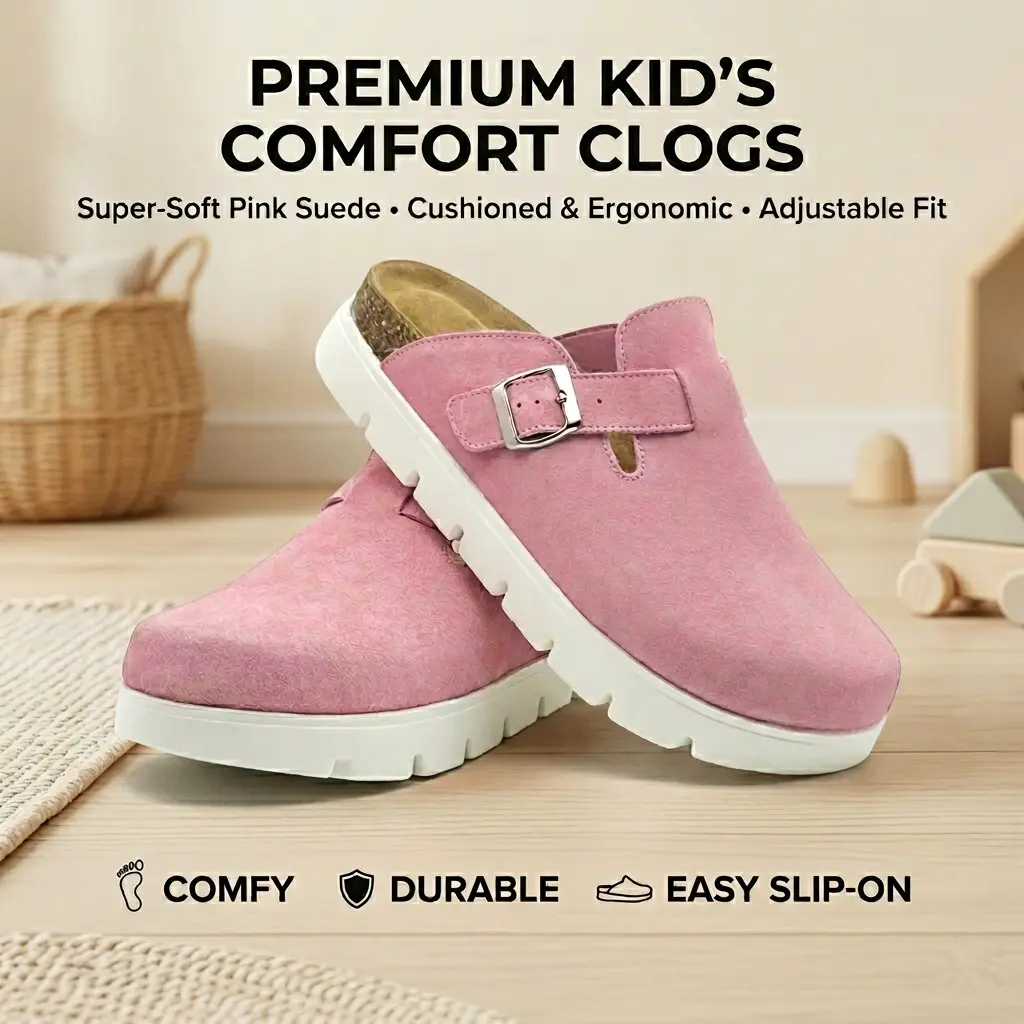 Lumubby Girls' & Toddler Suede Platform Mule Clogs, Lightweight Indoor Outdoor Slipper Sandals with Arch Support & Adjustable Buckle, Lightweight Slippers, Soft Cushioned Slippers