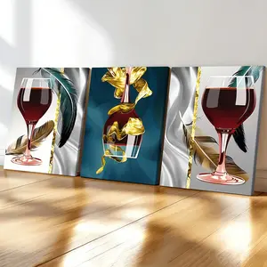 3-count wooden frame canvas, light luxury wine Golden Feather artistic art poster, abstract art decoration, modern living room wall decoration, modern home decor, fashionable family poster, suitable for bedrooms, offices, corridor art, artwork