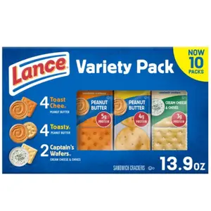 Lance Sandwich Crackers, Variety Pack, 3 Flavors, 10 Individually Wrapped Packs, 6 Sandwiches Each