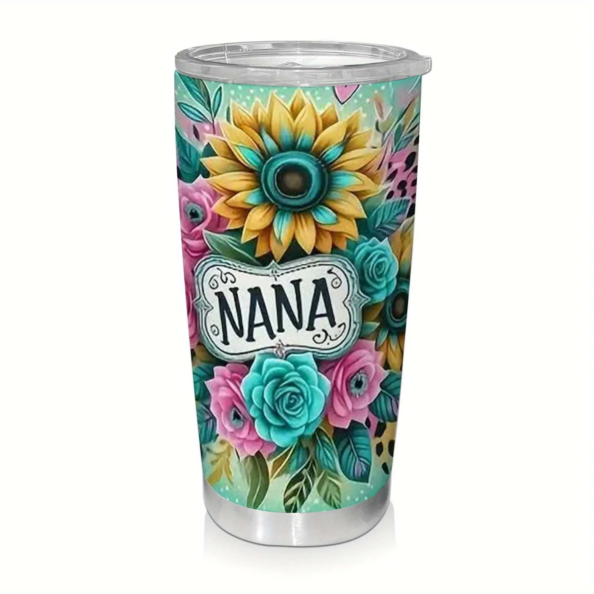 20oz Stainless Steel Vacuum Insulated Flask - Floral Sunflower & Rose Design Travel Mug with Lid, Nana Grandma Gift for Mother's Day & Birthday, Hot/Cold Drink Bottle, Flasks