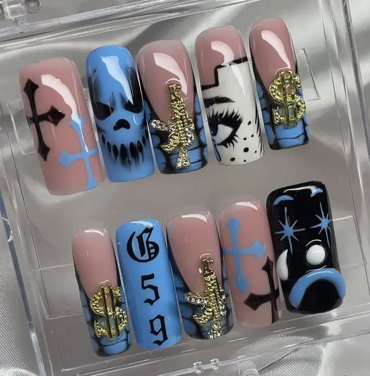 Handmade Streetwear Punk Press On Nails | Skull Cross G59 Dollar Gun Charm Gothic Y2K Fake Nails with FREE Adhesive Tabs FREE Nail File FREE Cuticle Stick
