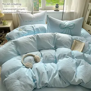 3pcs Embroidered Bow Bedding Set, Includes 1 Solid Color Duvet Cover and 2 Embroidered Bow Pillowcases (Core Not Included) Duvet Cover with Zipper for Easy Cleaning, Suitable for All Seasons Duvet Cover Sets