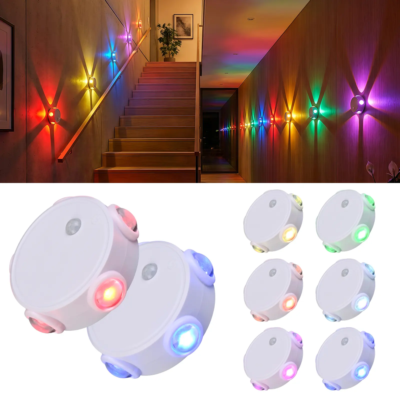 LEDDOTEC Smart RGB LED Motion Sensor Night Light - Plastic, USB Rechargeable, Magnetic, Dimmable Stick-On Wall Lamp with Batteries, Gradient Backlight for Bedroom, Gaming Room, Nursery & Party Decorations, Ambient Lighting