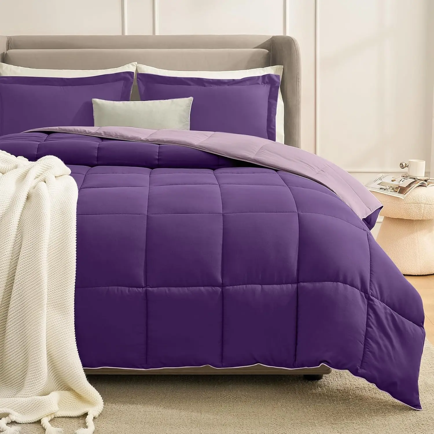 Queen Comforter Purple, Comforters Queen Size, Lightweight Down Alternative Comforter Full Size 3 Sets Plum/Light Purple