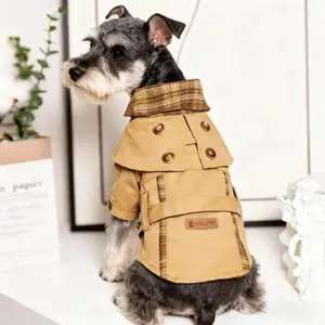 British Style Dog Coat Spring Brown Plaid Pet Outerwear with Adjustable Strap for Small Dog Puppy Trench Coat Cape Pet Coat