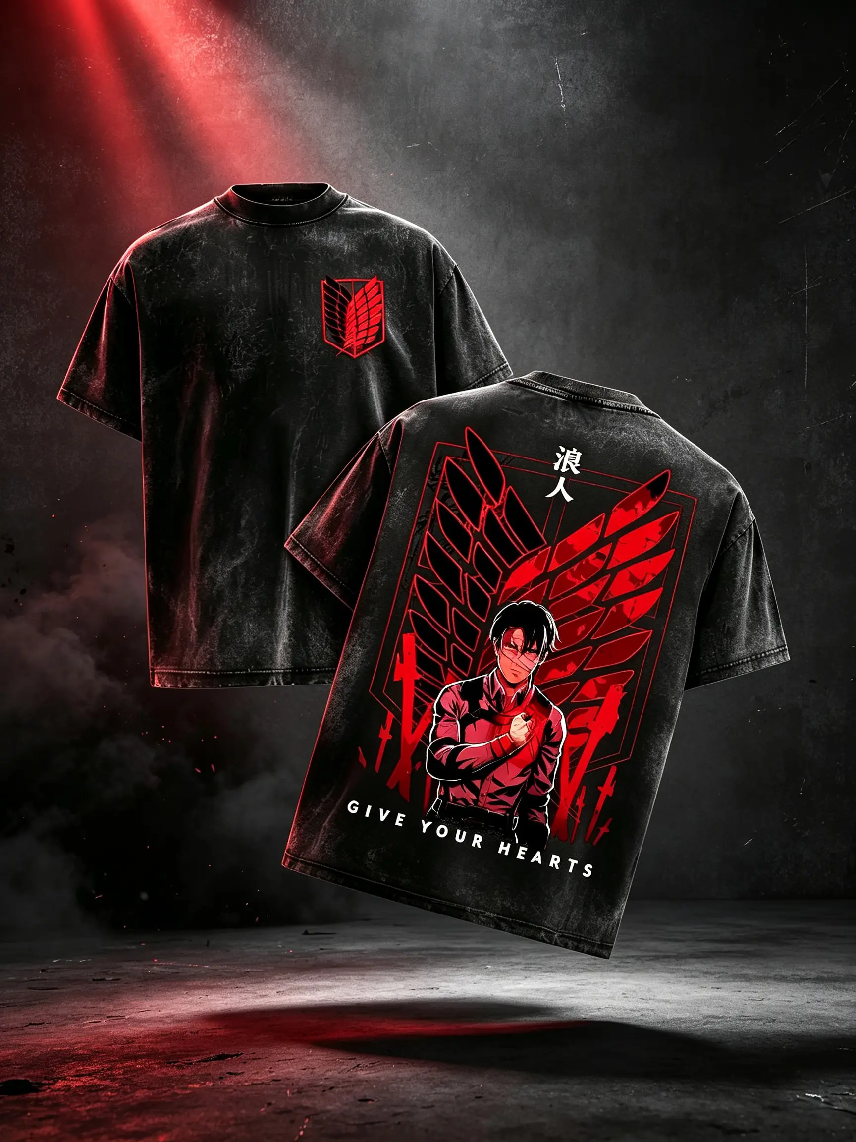 Attack On Titan Levi Ackerman Vintage Acid Wash Oversized T-Shirt Front Survey Corps Wings Logo Back Levi Red Wing "Give Your Hearts" Graphic Distressed Black Unisex Cotton Crewneck AOT Anime Fan Tee Great Gift For AoT Manga Fans Casual Street Outfit