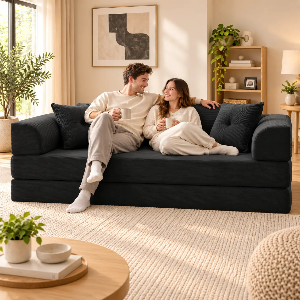 'Caramel Corduroy Modular Foldable Sofa Bed, Floor Mattress Convertible Sleeping Couch, No Frame No Assembly Compressed Pack Lazy Sleeper Sofa, Multi-Functional Daybed For Game Room, Entertainment Room, Home Theater