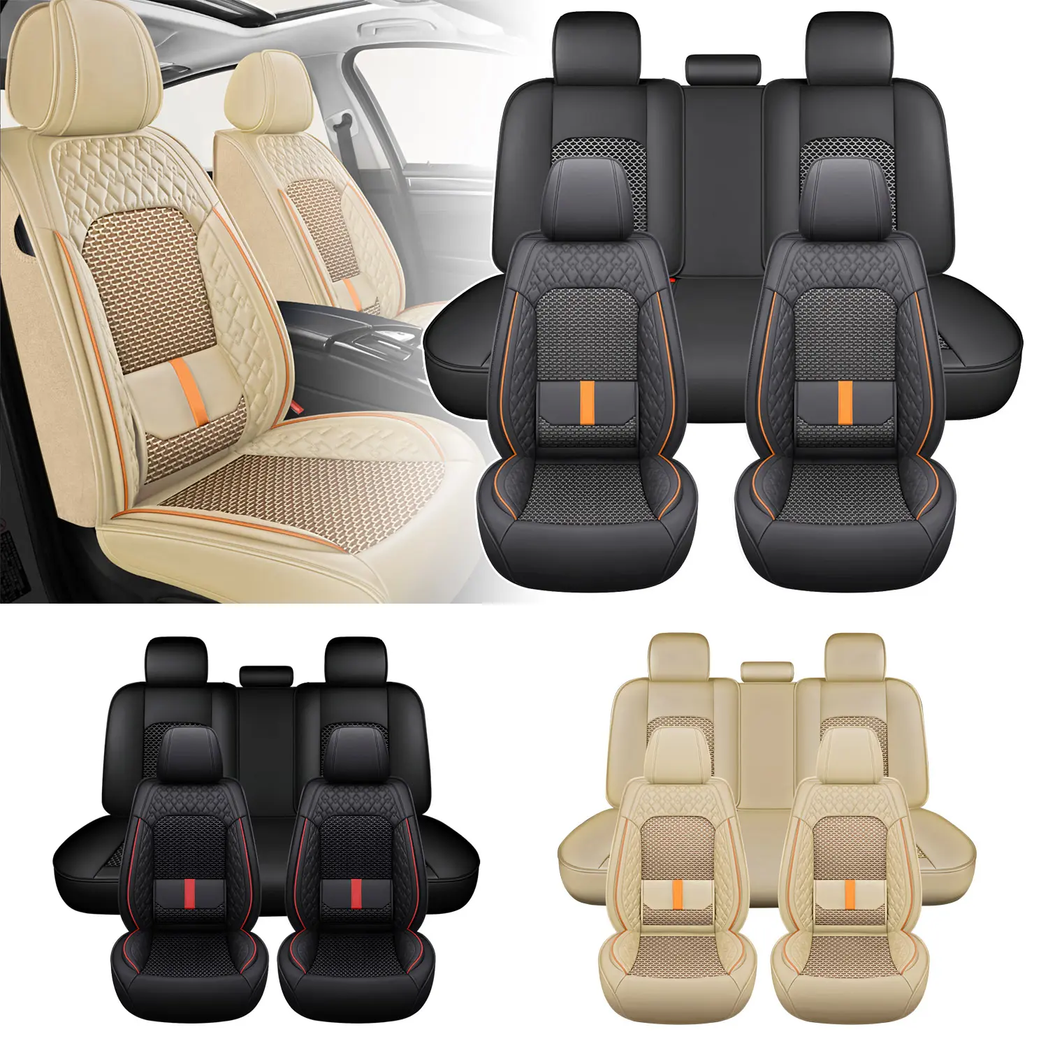 Woven With Ice Silk Nappa Leather Seat Cover Front Rear Set Fits For Toyota Tacoma Seat Covers 2005-2022 2023 Truck Airbag Compatible Car Cushions