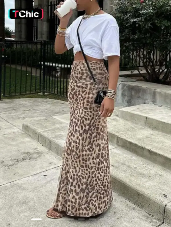 Women's High Waisted Leopard Print Mesh Skirt, Long Plain H-Type Slim-Fitting A-Line Split Design, Versatile Elegant Fashion Bottoms.  R2181