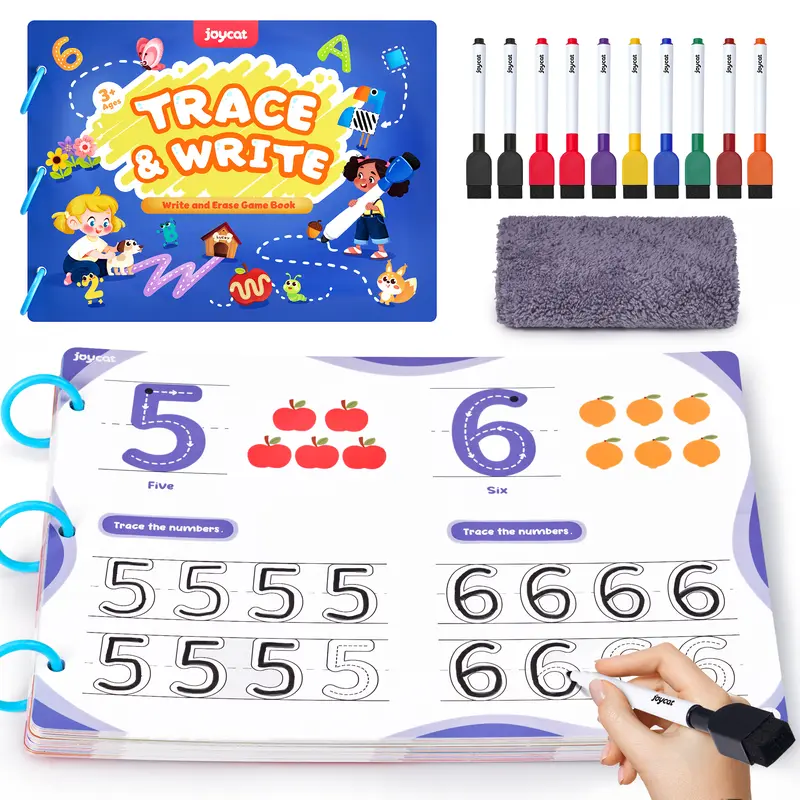 JoyCat Montessori Preschool Practice Kit - Dry-Erase Learning Activity Set, 48-Page Letters Numbers Tracing Workbooks, Waterproof Space/Dinosaurs/Ocean Fun Card Seek & Find Game, Alphabet Chart, Homeschool Supplies for Ages 4+ Toddlers