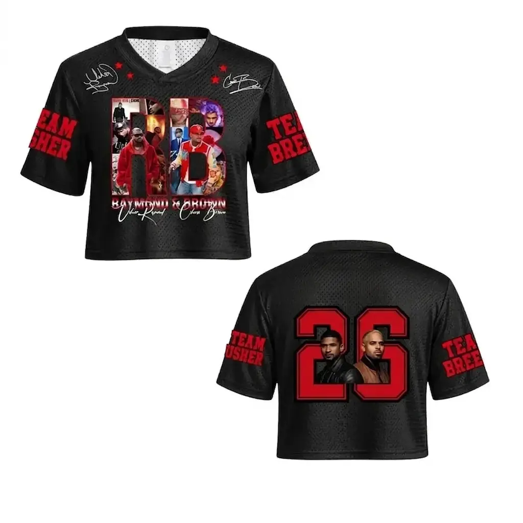 RnB Raymond Brown Black Mesh V-Neck Crop Top, Red Graphic Number 26 Football Jersey Shirt, Hip Hop Concert Outfits Streetwear Women