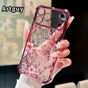 Four Corner Anti-Fall Blossoming Sakura Dreams Pattern Phone Case for iPhone 17 16 Pro Max 15 Plus 14 13 12 11 Air E Shockproof Transparent Electroplated Protective Cover