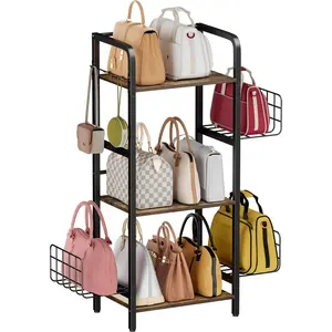3-Tier Purse Organizer Rack, Iron &  Floor-Standing Bag Storage Holder with Adjustable Side Basket and Hook Handbag Organizers Display Stand Shelf for Closet, Bedroom, Entryway, Black