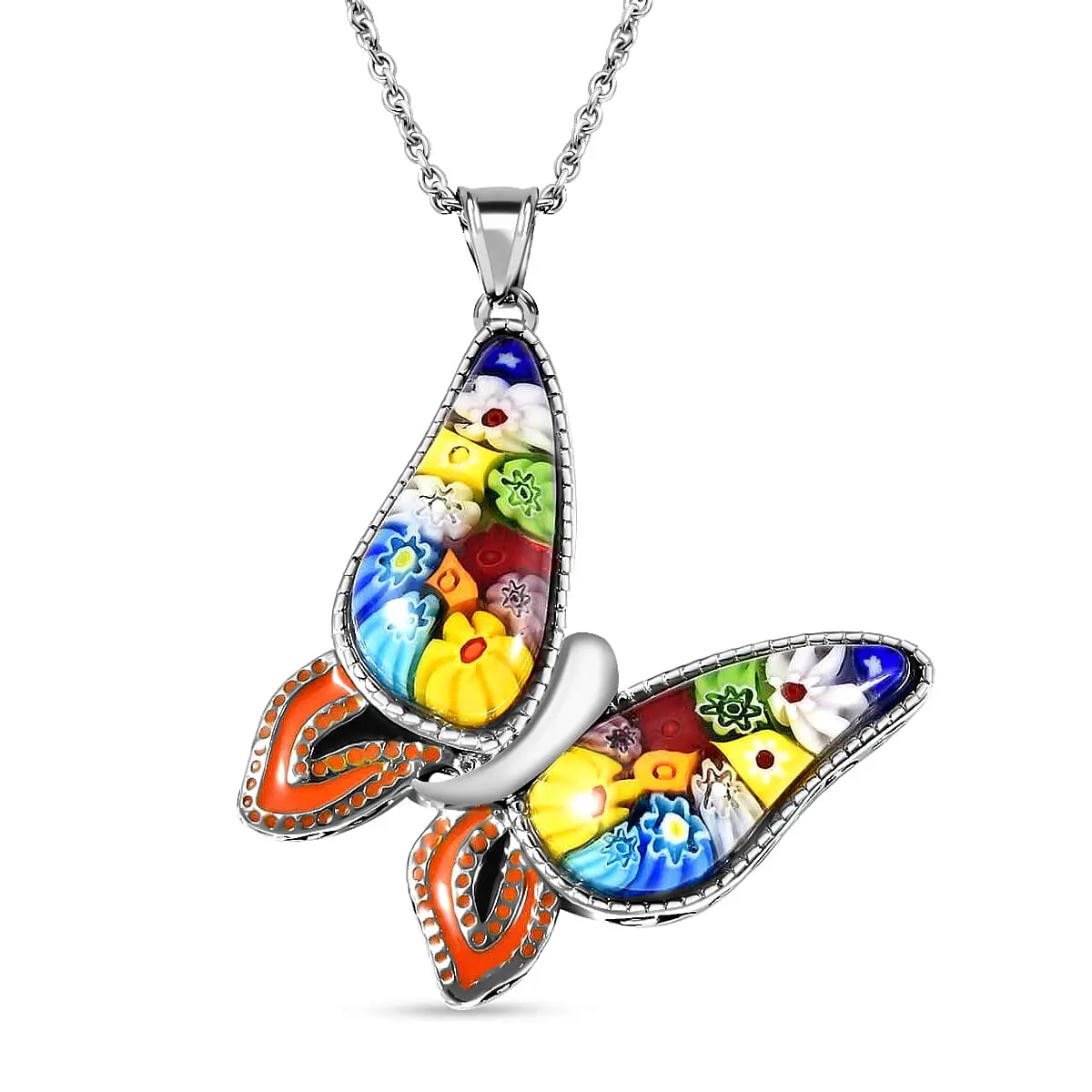 Murano Style Enameled Butterfly Pendant Necklace 20 Inches in Stainless Steel