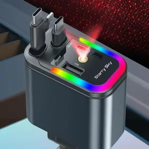 Starlight-retractable car charger, 5 in 1 car accessories, Bluetooth adapter , Bluetooth charger,max.180W, with Starlight, Retractable fast charger for car with , 2USB ports for phones/tablets/car recorders, 31.5 inch