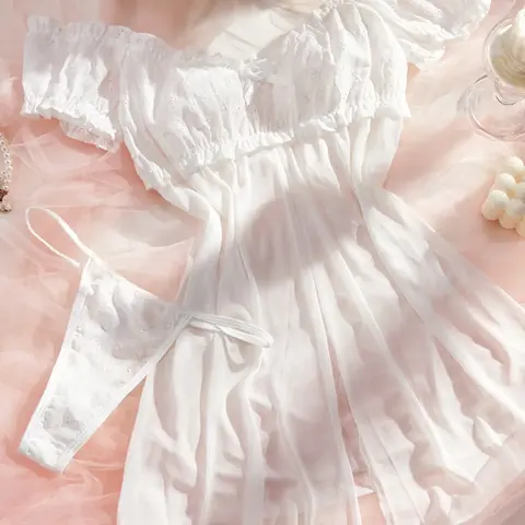 Women's Solid Frill Trim Bow Decor Sheer Cami Nightdress & Thong Sexy Lingerie Two/Four-piece Set, Romantic Comfy Breathable Short Sleeve Split Hem Top & Thong Lingerie Set for Daily Wear, Women's Lingerie & Underwear Nightwear for All Seasons