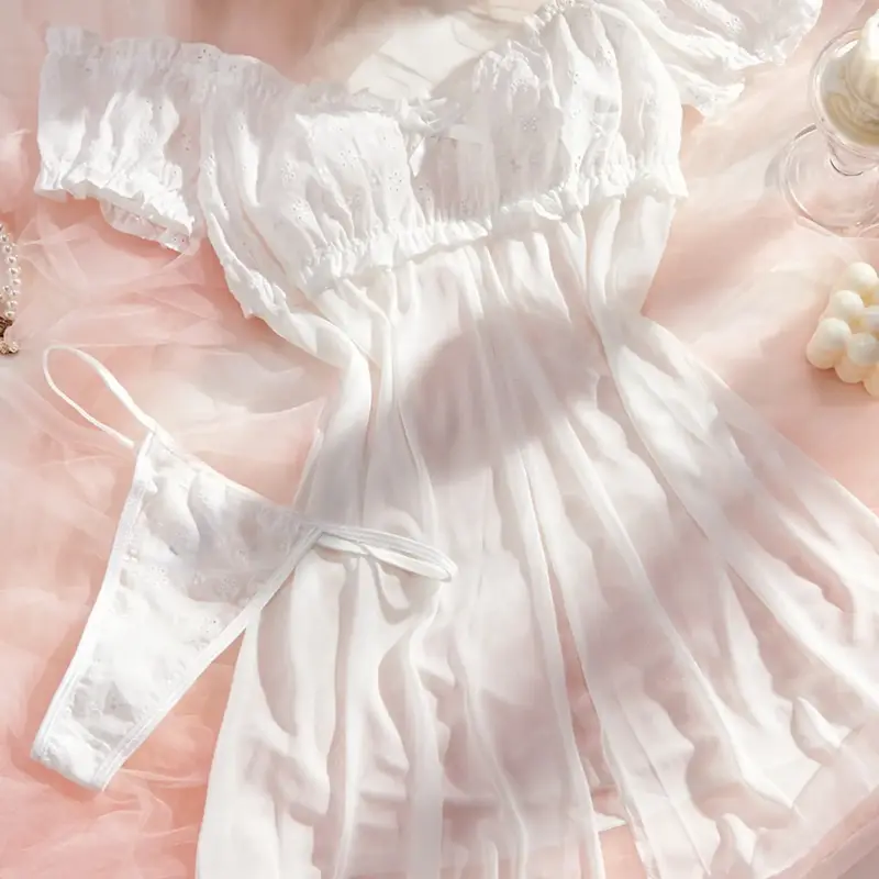 Women's Solid Frill Trim Bow Decor Sheer Cami Nightdress & Thong Sexy Lingerie Two/Four-piece Set, Romantic Comfy Breathable Short Sleeve Split Hem Top & Thong Lingerie Set for Daily Wear, Women's Lingerie & Underwear Nightwear for All Seasons