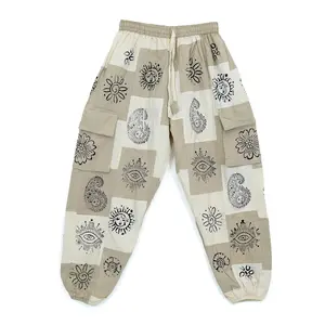 Karma Nepal Crafts Patch Cotton Unisex Joggers, Handmade Hippie Patchwork Baggy Pants, Big Pockets Trousers, Boho Earthy Yoga Pants