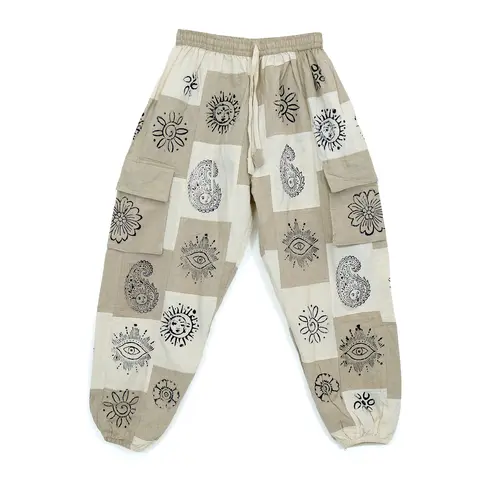 Women's 100% Cotton Relaxed Fit Joggers - Karma Nepal Crafts Small-Batch Handmade Artisanship Patchwork Print Unisex Casual Streetwear Cotton Printed Joggers with Big Pockets, Boho Clothes Yoga Trousers