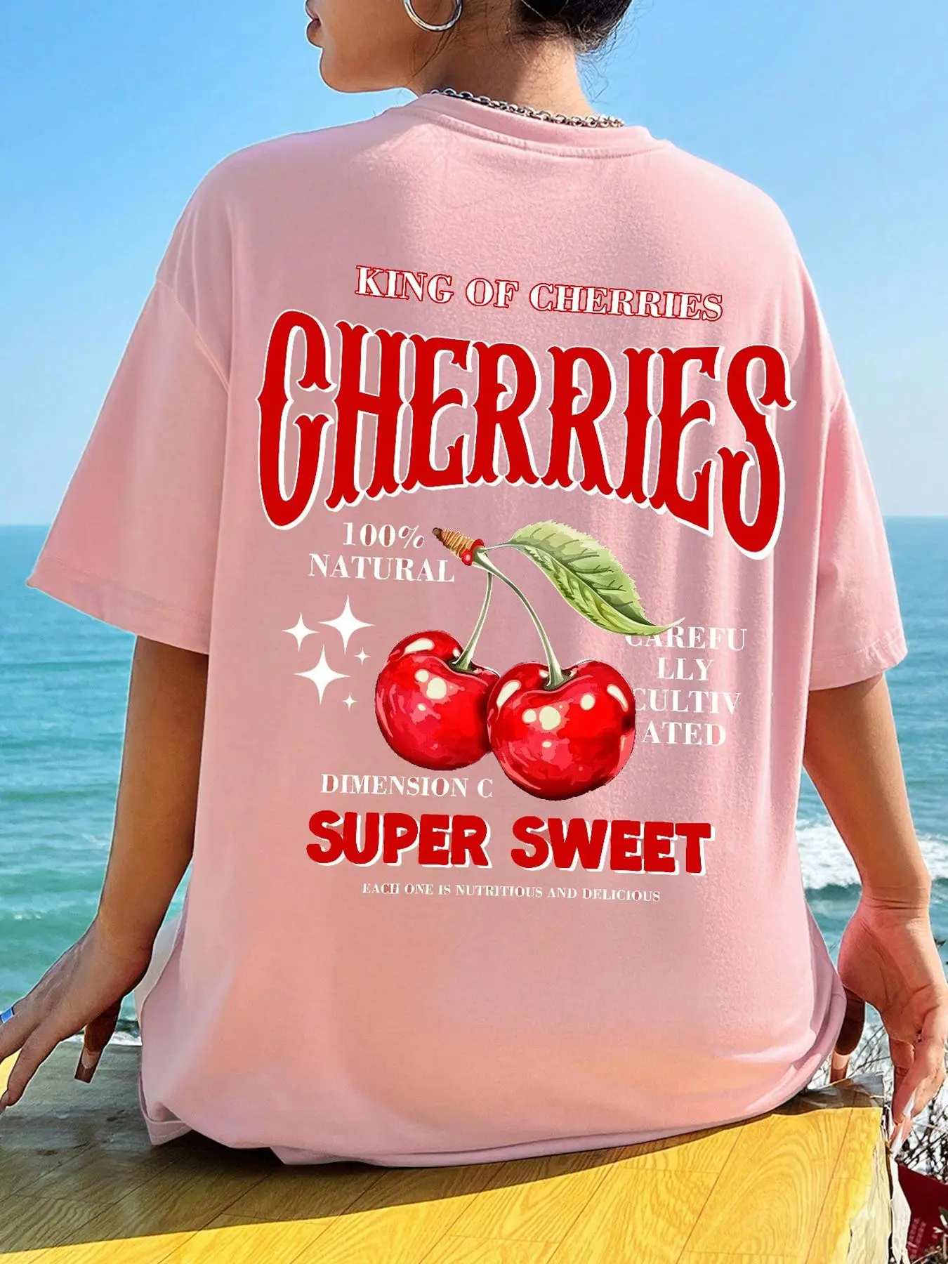 Women's Cherries Print Round Neck Tee, Casual Fashion Tee, Vintage Trendy Casual Short Sleeve Loose Oversized Oversize Baggy T-shirt for Daily Wear, Ladies Summer, Top, Casual Basic Tees
