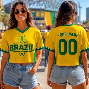 Custom Brazil Soccer Crop Top Jersey, Personalized Brazil Soccer Jersey Crop Tee, Festival Shirt, Football Fan, Custom Brazil Jersey Shirt