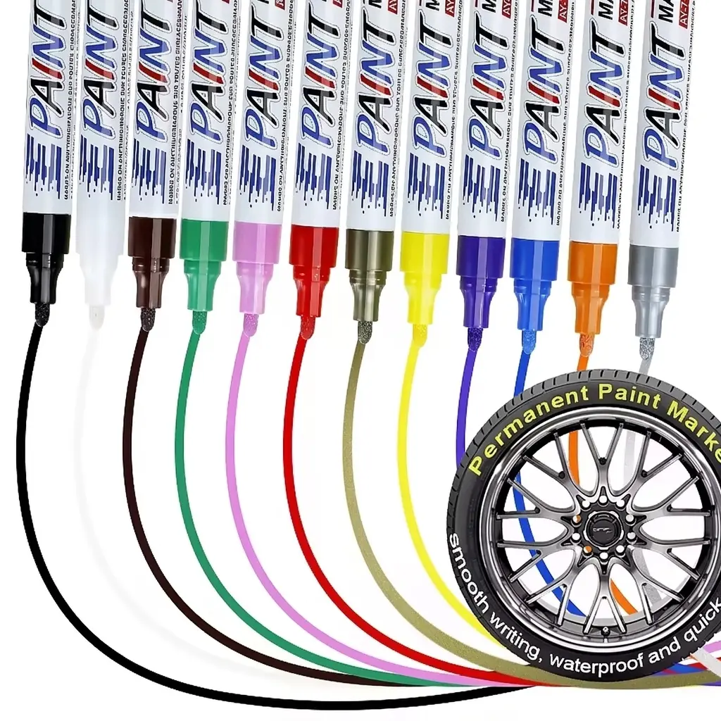 12 Colors Tire Marker Pen, Oil-Based Tire Lettering and DIY Detail Pen Paint Marker, Waterproof, Quick-Dry, Long-Lasting Marker for Metal, Wood, Plastic, Rock, Canvas, Glass, Rubber