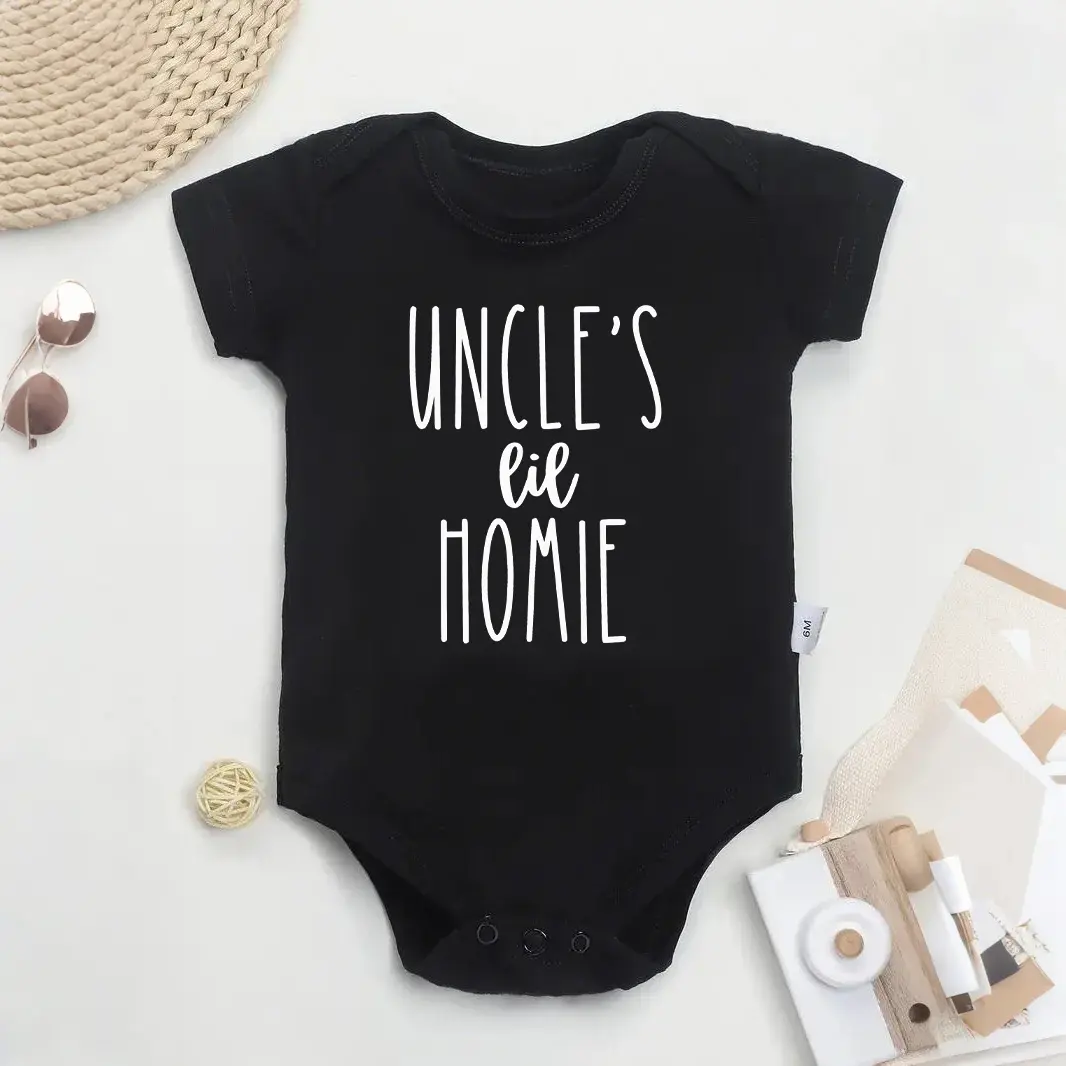 100% Cotton Soft Fitted Basic Crew Neck Infant Bodysuit - Unisex Short Sleeve Onesie with Expandable Shoulders, Strong Snaps, "Uncle's Lil Homie" Slogan - Newborn Outfits, Custom Baby Shower Gift, 0 - 3 Months, 0-3M, Above The Knee, Bodysuit Clothes
