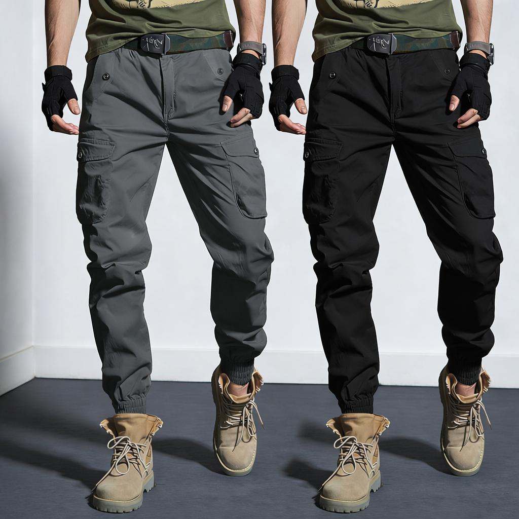 Two-pack: woven plain fabric and solid-color men’s cargo pants featuring an elastic waistband with drawstring, a loose straight tapered fit, multiple pockets including large pockets—ideal for everyday casual wear and work, perfect for cargo outfits and ou